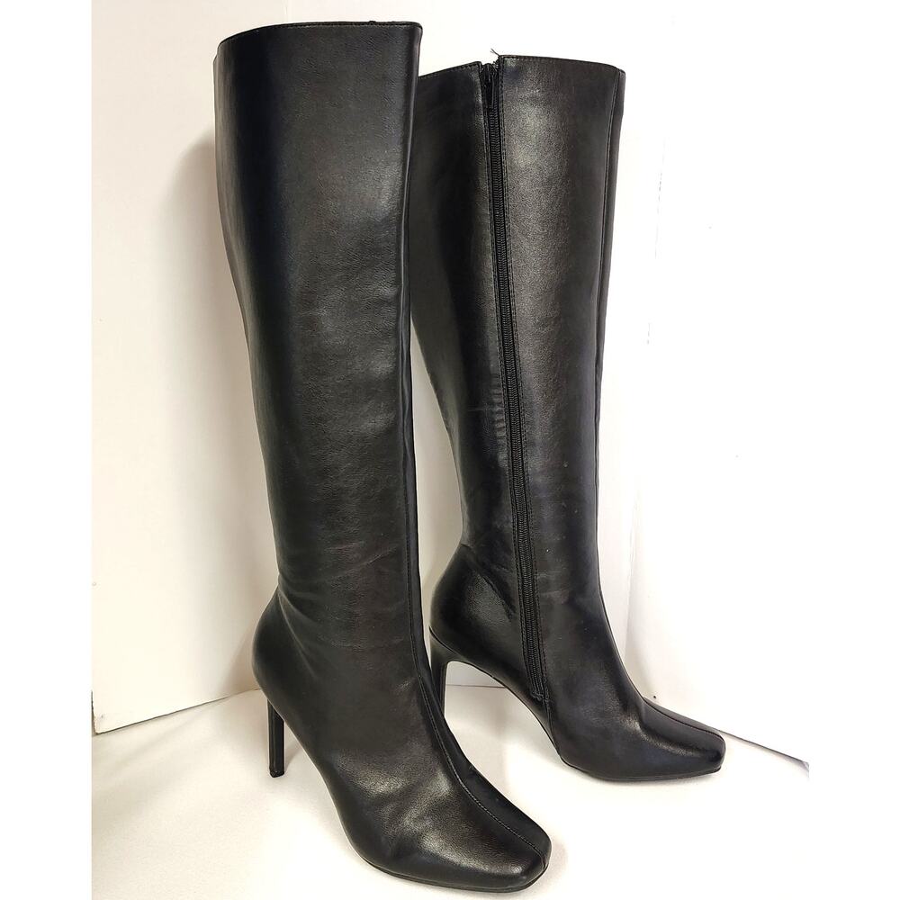 Anne Michelle Black Knee High Boots Womens 8.5 Stiletto Heel Square Toe Zip Chic